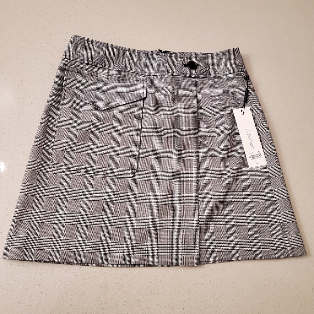 Calvin Klein Grey Houndstooth Faux Wrap Skirt